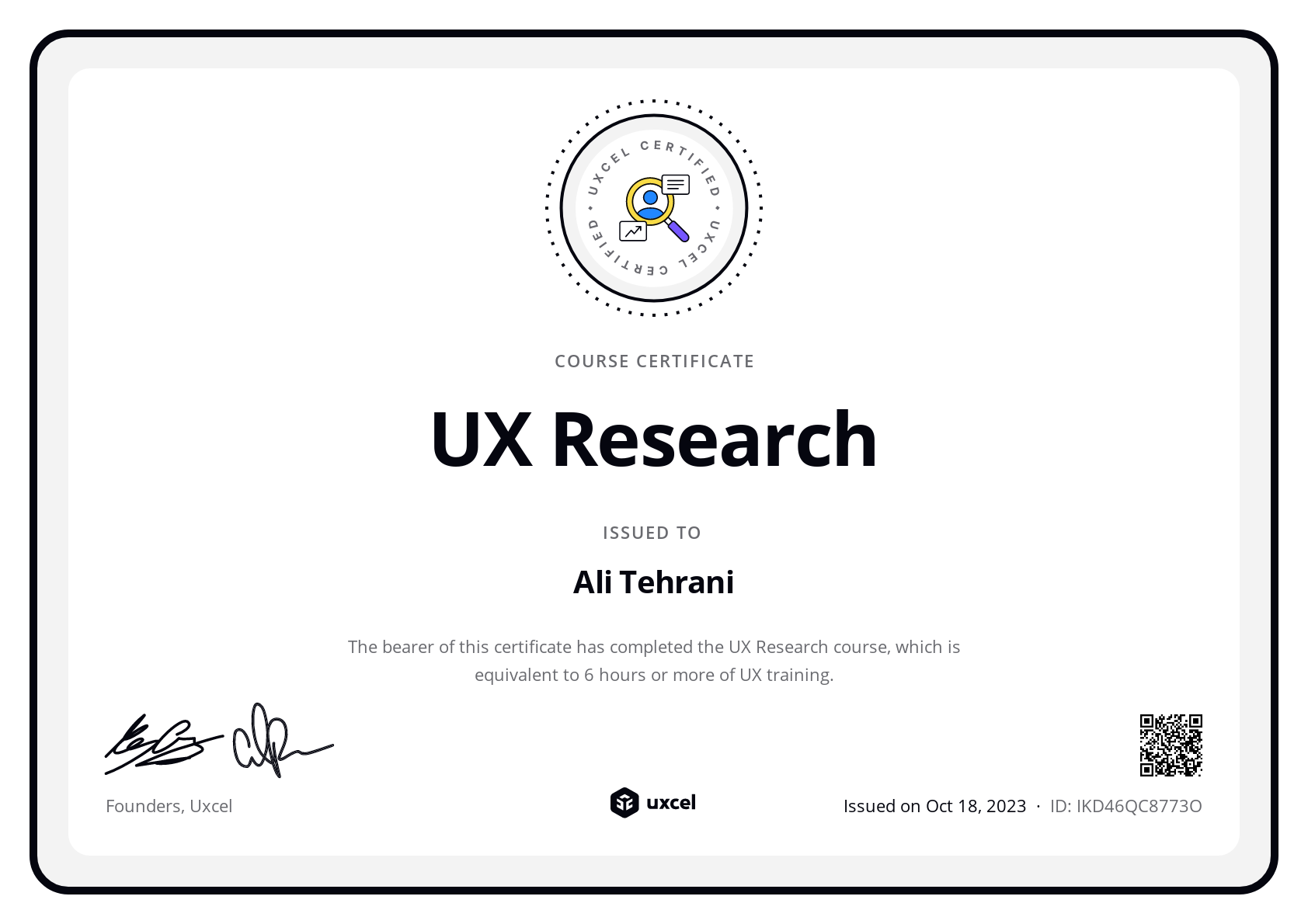 Ali Tehrani's certificate